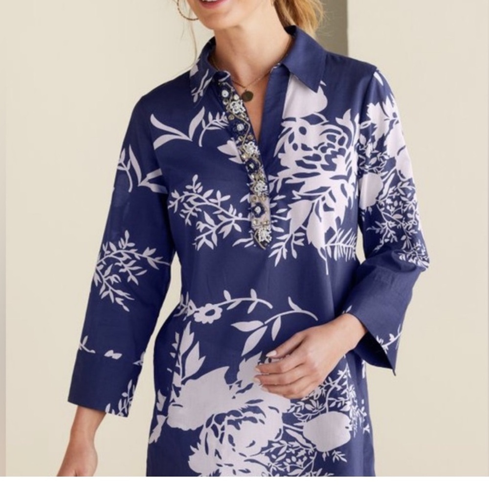 Soft Surroundings beaded tunic cotton blue white leaf print embellished 1X